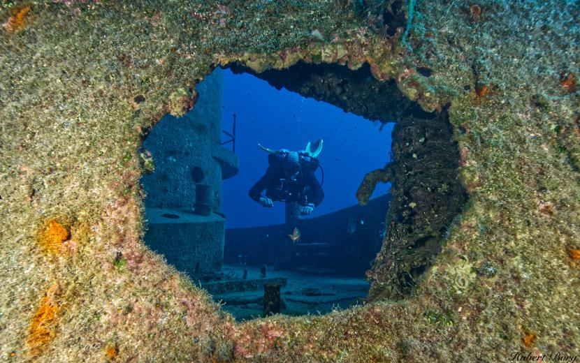 diver hovering over a wreck