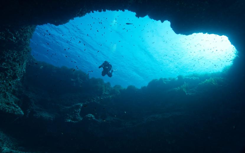 blue hole with diver